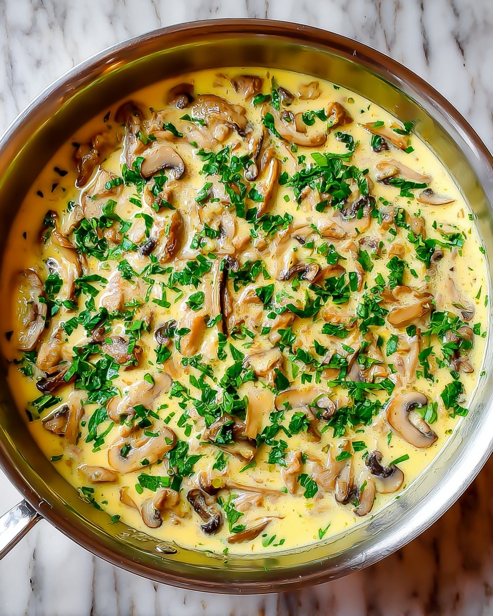 A top view of a creamy dish in a silver pan filled with a thick, light yellow sauce as the base layer. Scattered throughout the sauce are cooked mushroom slices showing a light brown and beige color with smooth texture. Small strips of lightly browned meat pieces are mixed in, creating a second layer of texture. Fresh, bright green chopped herbs are sprinkled evenly over the entire surface for a fresh and colorful contrast. The pan is placed on a white marbled surface, adding to the clean and simple presentation. Photo taken with an iphone --ar 4:5 --v 7