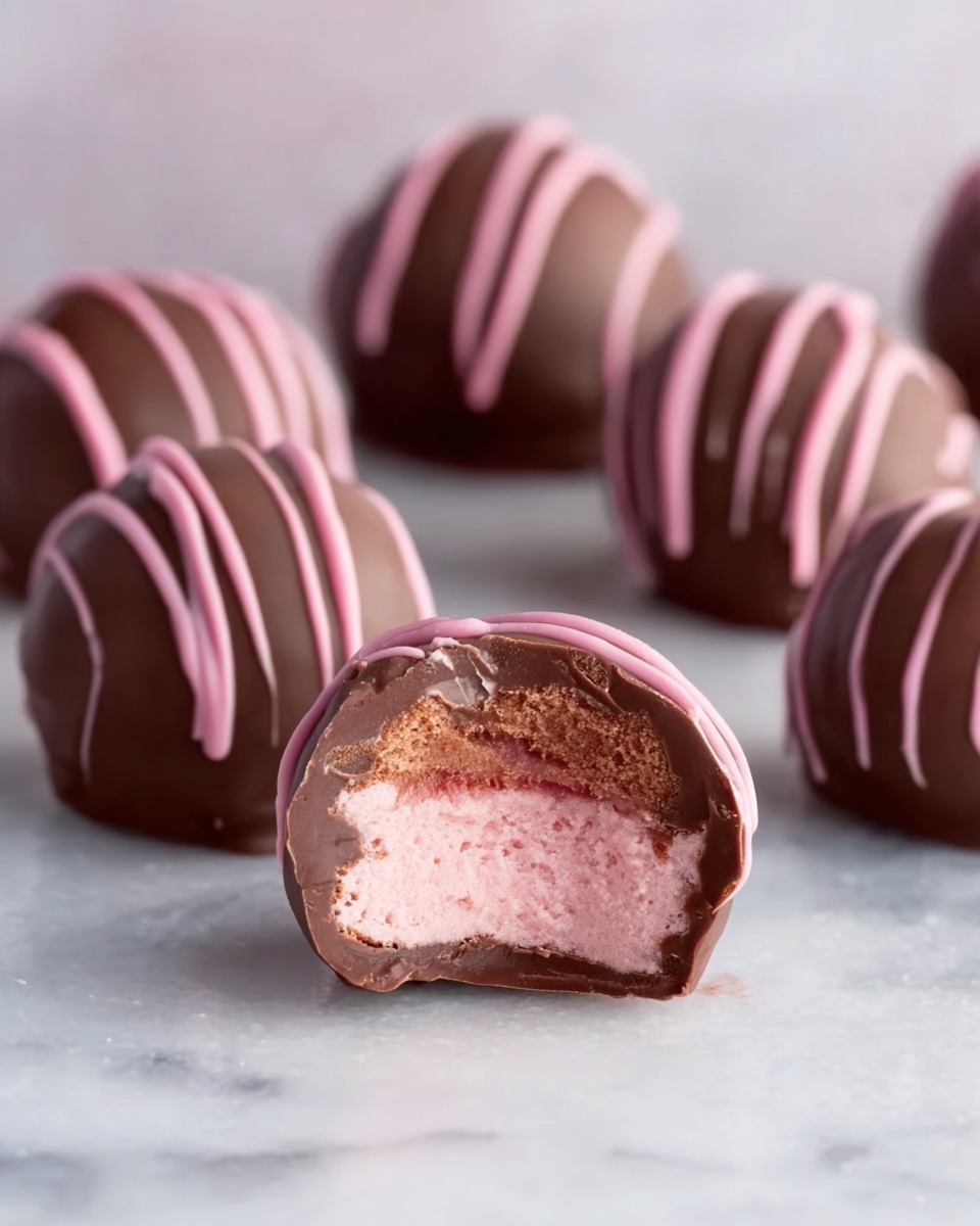 The image shows several round chocolate-covered balls arranged on a white marbled surface, with one ball at the front bitten to reveal its inside. Each ball has a smooth dark brown chocolate outer layer with thin pink chocolate lines drizzled over the top. Inside, the filling has two layers: a lighter pink top layer and a darker pink bottom layer, both soft and creamy in texture. The balls are arranged in a way that the bitten one is in focus, while others blur softly in the background, creating depth. The scene is softly lit to highlight the glossy surface of the chocolates. Photo taken with an iphone --ar 4:5 --v 7
