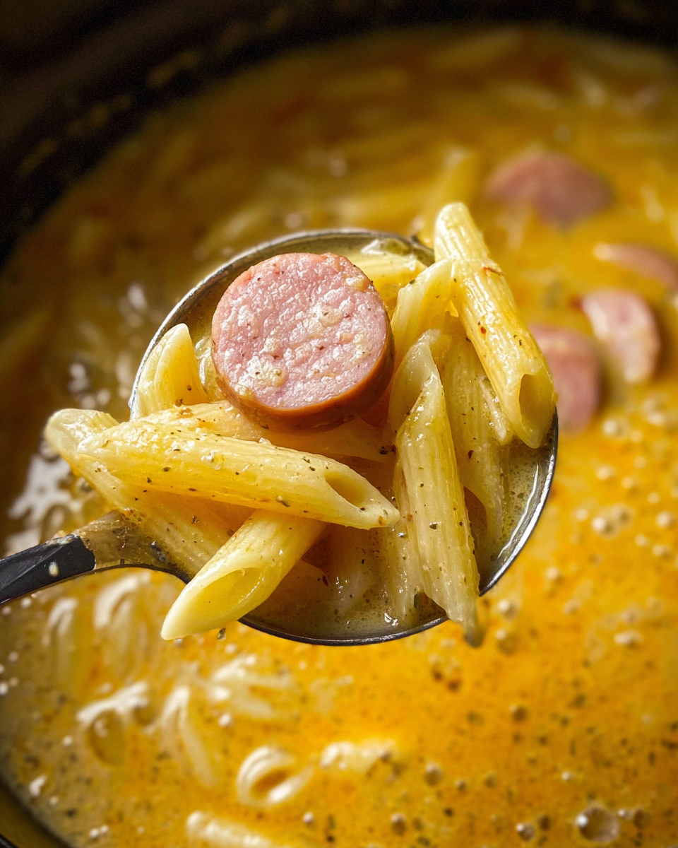 A close-up shows a spoon filled with cooked yellow penne pasta and a slice of light pink sausage resting on top. The spoon is held over a pot of creamy, orange-yellow soup with small bubbles and bits of seasoning floating in it. The background is slightly blurred, focusing on the pasta and sausage on the spoon. photo taken with an iphone --ar 4:5 --v 7