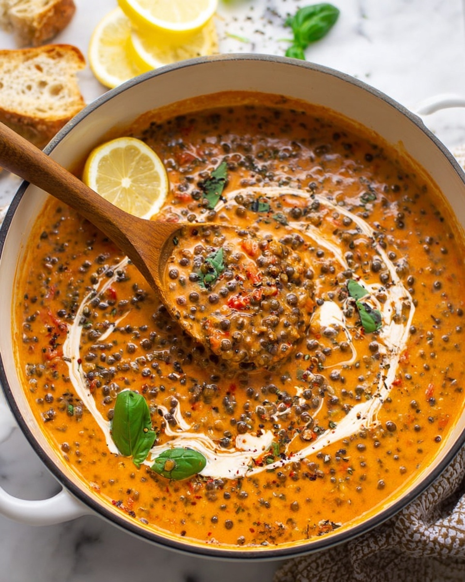 A white pot filled with a thick orange creamy dish covered with many small dark lentils and bits of red tomatoes mixed throughout. There are green basil leaves placed on top as garnish, along with a drizzle of white cream creating a swirl pattern. A wooden spoon is lifting some of the lentil mixture from the pot. A slice of lemon is resting on the edge of the pot. The background is a white marbled surface with lemon wedges and slices of light brown bread partly visible. Photo taken with an iphone --ar 4:5 --v 7