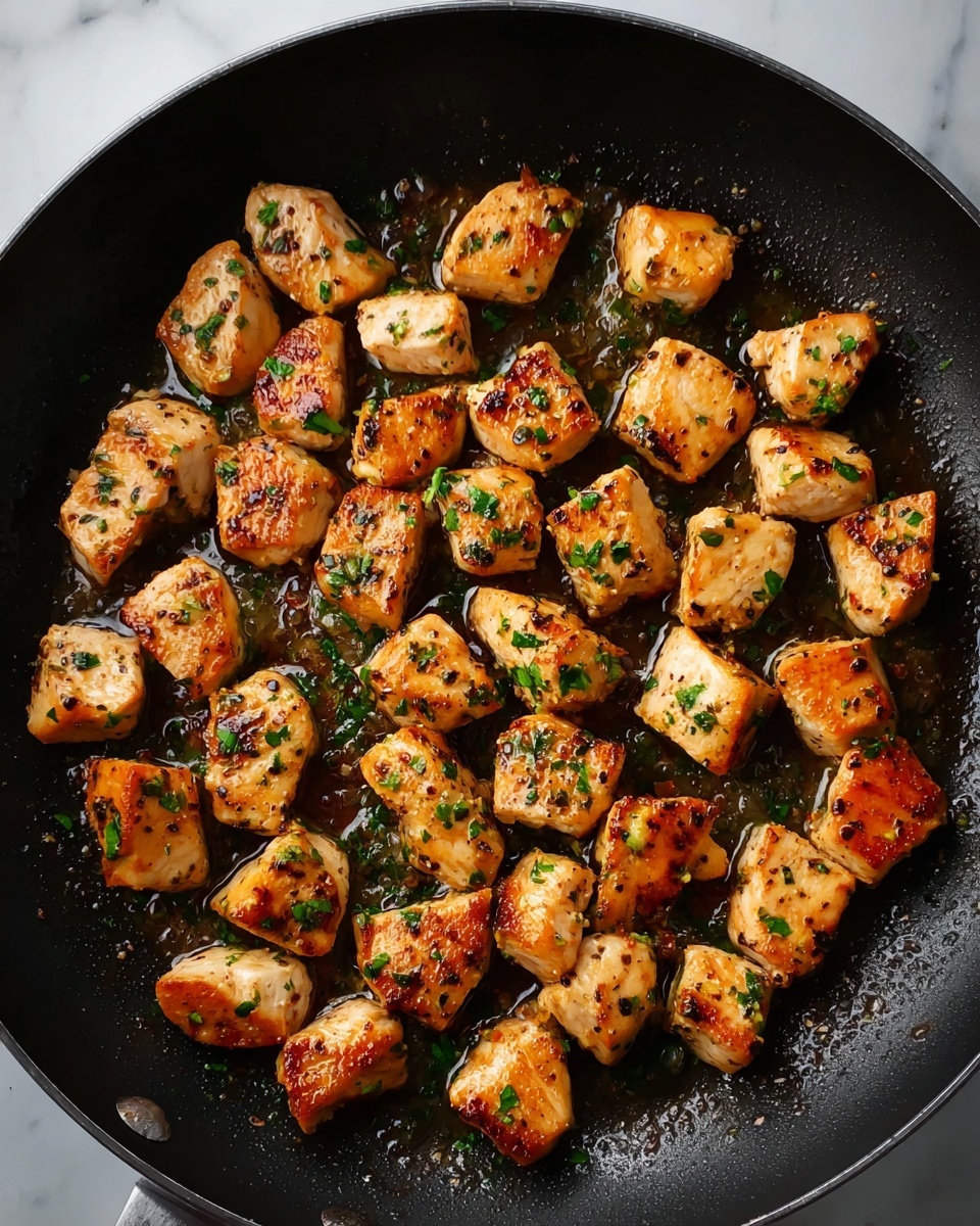 The image shows a black pan filled with evenly browned small cubes of cooked chicken scattered across the pan, each piece with a golden brown crust and visible herbs like chopped parsley sprinkled on top. The chicken pieces show a slightly shiny texture from the oil or sauce in the pan, with small pepper specks and a few browned spots adding to the cooked look. The pan is on a white marbled surface. Photo taken with an iphone --ar 4:5 --v 7