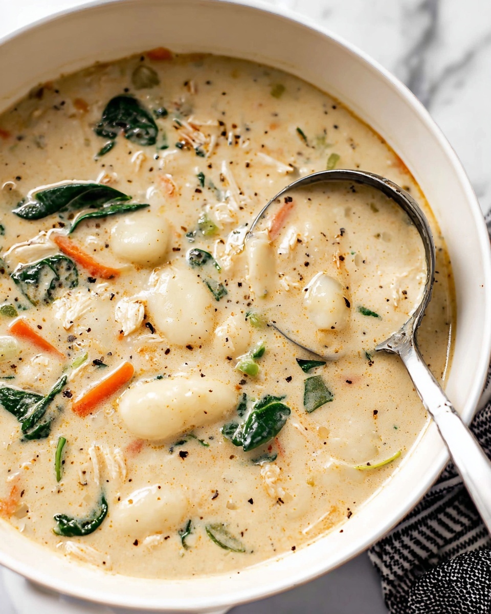 The image shows a close-up of a thick creamy soup in a white bowl with a thick rim. The soup has a light beige creamy base with visible black pepper specks and small herbs. There are several layers inside: white gnocchi-like rounded pieces floating on top, shredded white meat in small thin strips scattered throughout, dark green spinach leaves, soft orange carrot strips, and light green celery pieces mixed in. A large silver ladle is partially dipped into the soup from the lower right side, resting on the edge of the bowl. The background is a white marbled surface with a blurred black and white striped cloth in the bottom right corner. Photo taken with an iphone --ar 4:5 --v 7