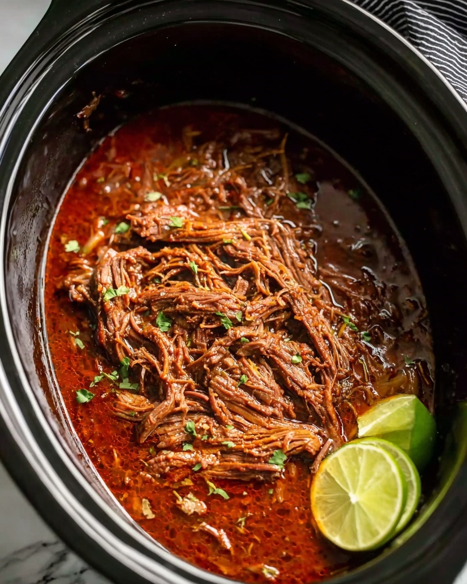 The image shows shredded meat in a black slow cooker bowl filled with rich red sauce, with small pieces of green herbs scattered on top. The meat is soft and stringy, soaked in the deep orange-red liquid that fills the slow cooker halfway. Two lime wedges sit near the edge of the bowl on a white marbled surface, along with a black and white striped cloth partially visible on the upper right side. The lighting highlights the texture and moistness of the meat, creating a warm, inviting look photo taken with an iphone --ar 4:5 --v 7