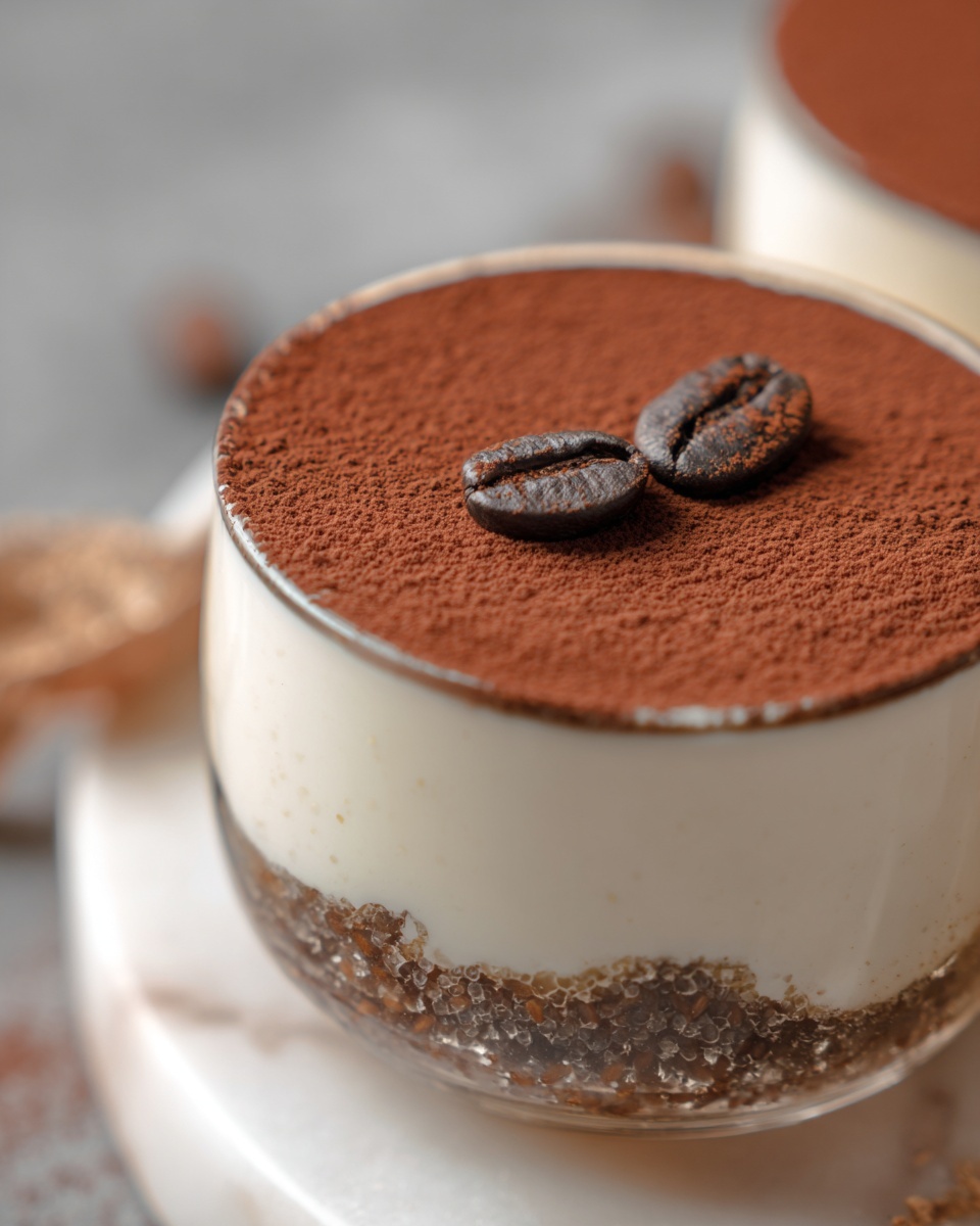This image shows a clear glass cup with three layers. The bottom layer is light brown with a thick, slightly rough texture, likely soaked soaked sponge or cake. The middle layer is smooth and creamy white, evenly spread above the bottom layer. The top layer is a dark brown cocoa powder dusted smoothly over the surface. On top of the cocoa powder, two whole coffee beans are placed near the edge, adding contrast. The glass is set on a white marbled surface with a soft blur in the background. Photo taken with an iphone --ar 4:5 --v 7