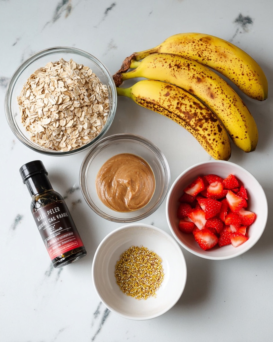 The image shows a white marbled surface with several clear glass and white bowls arranged neatly. There is a large clear glass bowl filled with dry oats in the top left corner. Below it, two ripe yellow bananas with brown spots lie side by side. Next to the bananas is a small glass jar of cinnamon with a dark lid. Above that jar is a larger clear glass bowl filled with a smooth tan-colored nut butter. To the right of the nut butter bowl is a small white bowl containing golden flaxseeds. Below this is another clear glass bowl filled with red chopped strawberries. In the middle of the image is a dark bottle labeled pure vanilla extract. All ingredients are spaced out on the white marbled surface, with good lighting and no shadows. photo taken with an iphone --ar 4:5 --v 7