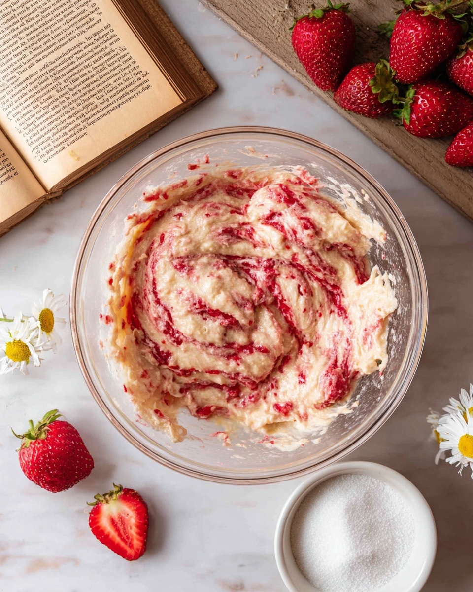 A clear glass bowl sits on a white marbled surface, filled with a thick, creamy mixture that is pale beige with streaks of bright red, showing a rough, textured swirl pattern. Nearby are fresh whole strawberries and one half strawberry with red skin and green tops, placed next to a white bowl filled with fine white sugar, and an open old book with yellowed pages. Small white and yellow daisies add a gentle touch to the scene. Photo taken with an iphone --ar 4:5 --v 7