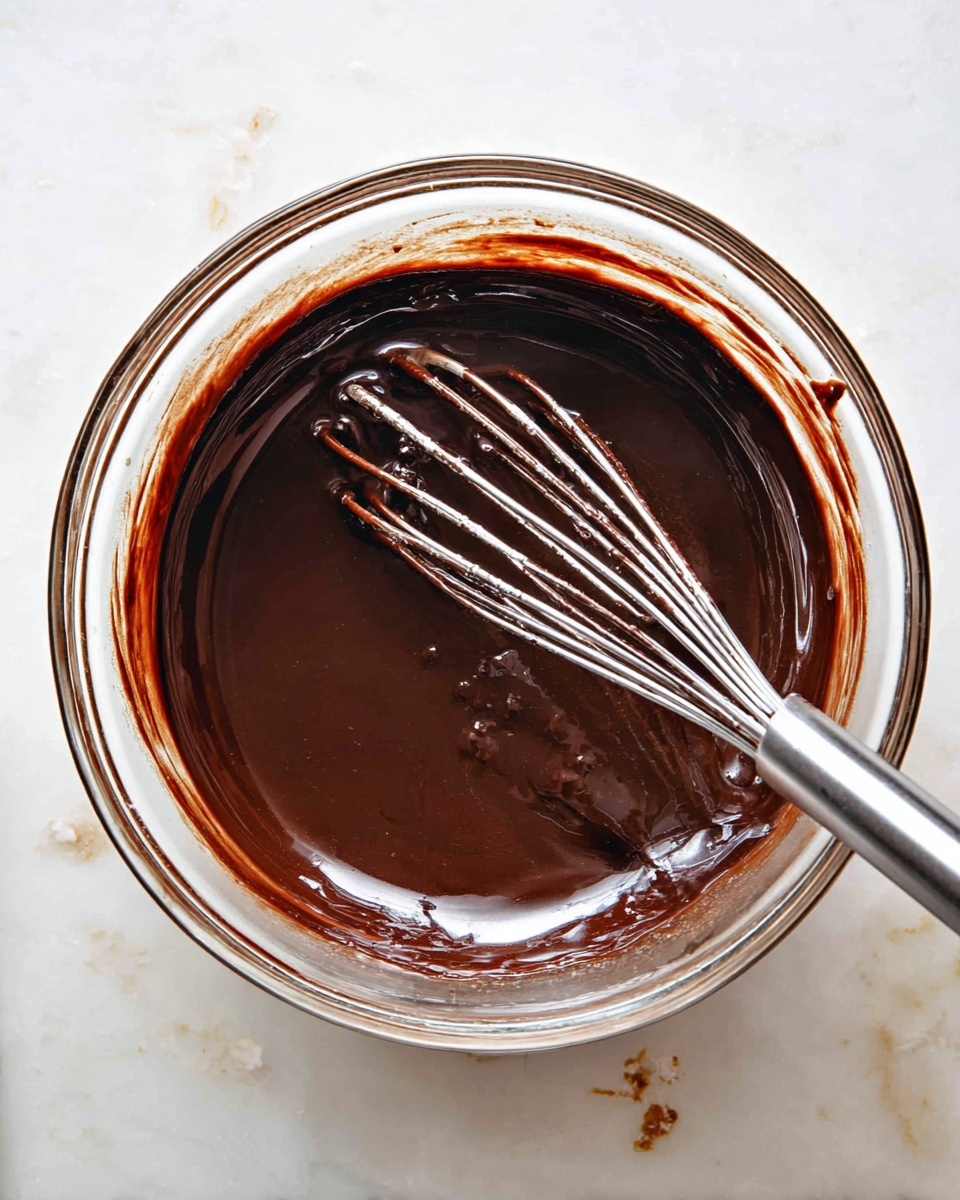 A clear glass bowl filled with a thick, smooth, dark brown chocolate mixture. A shiny silver whisk with thin metal wires is partially submerged in the chocolate, stirring it gently. The edge of the bowl has some chocolate stains and smudges. The bowl is placed on a white marbled surface with a few small chocolate spots nearby. photo taken with an iphone --ar 4:5 --v 7