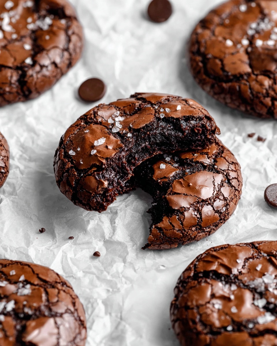 The image shows a close-up of several round chocolate cookies on a crinkled white paper placed on a white marbled surface. Each cookie has a shiny, cracked dark brown outer layer with small flakes of salt sprinkled on top, giving a textured, crunchy look. The inside is dark, soft, and slightly moist with a rich chocolate color, visible where one cookie is broken apart, revealing its dense and fudgy center. Small round chocolate pieces are scattered around the cookies, adding extra depth and interest. Photo taken with an iphone --ar 4:5 --v 7