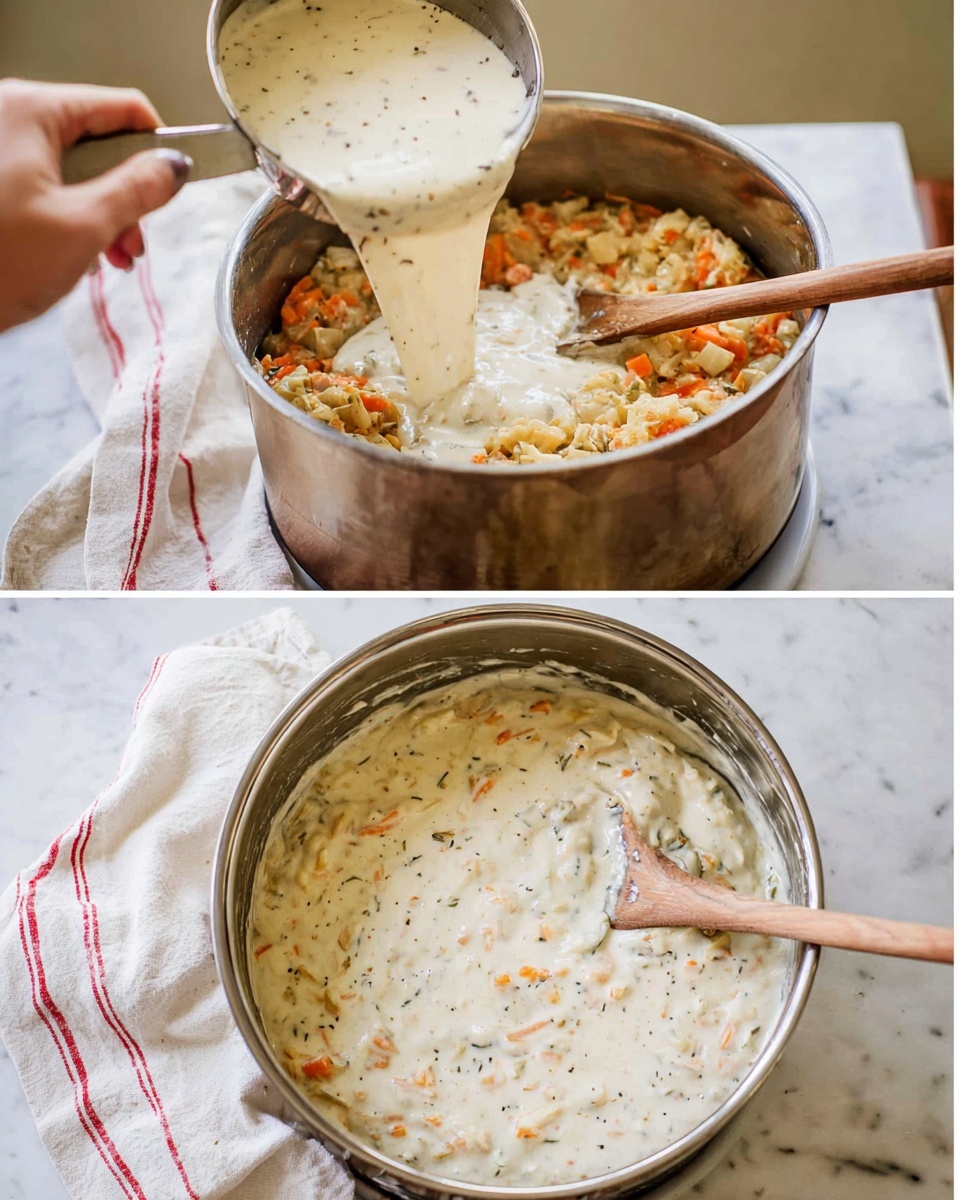 The image shows two views of a cooking pot on a white marbled surface. In the top view, a woman's hand is pouring a thick, creamy white sauce with black pepper specks from a small stainless steel pan into a larger pot filled with a chunky mix of light brown and orange ingredients. A wooden spoon rests inside the large pot, partially submerged in the mixture. The bottom view shows a close-up of the pot’s contents, where the white sauce has blended with the chunks, creating a creamy, lightly speckled texture with visible pieces of orange vegetables throughout. The pot sits on a folded white and red-striped cloth with a white marbled texture background. photo taken with an iphone --ar 4:5 --v 7