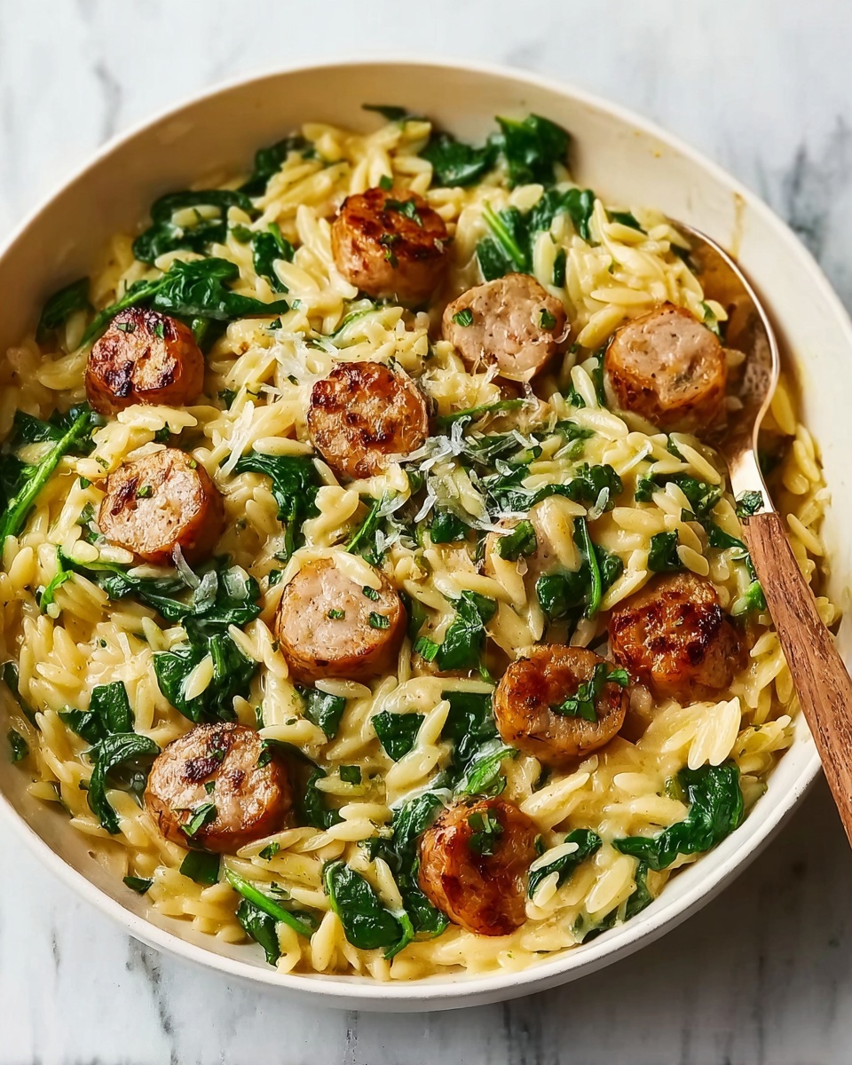 A white bowl filled with creamy orzo pasta mixed with green spinach leaves and topped with browned sausage slices scattered evenly over the top. The dish shows a mix of pale yellow pasta and sauce, bright green spinach, and golden-brown sausage pieces that have a slightly crispy texture, giving it a hearty and rich look. The bowl rests on a white marbled surface and the lighting highlights the creamy texture and the fresh colors of the ingredients photo taken with an iphone --ar 4:5 --v 7