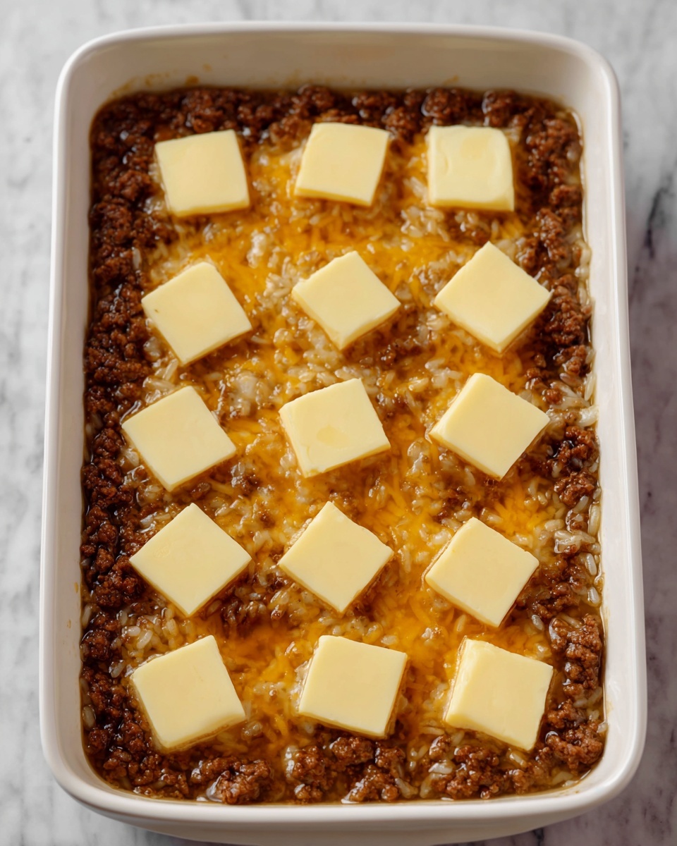 A white rectangular baking dish filled with a base layer of cooked ground beef mixed with white rice, topped with a golden brown gravy-like sauce covering the meat and rice mixture evenly. On top, there are evenly spaced pale yellow cheese squares, each about the same size and neatly placed in rows. The dish sits on a white marbled surface, with no additional props or background elements visible. Photo taken with an iphone --ar 4:5 --v 7