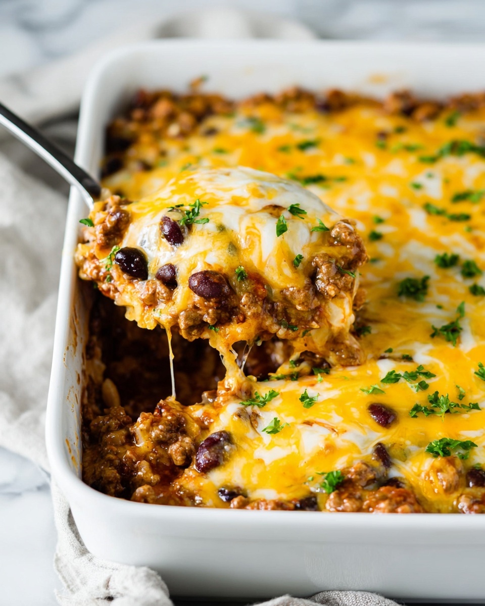 The image shows a white baking dish filled with a layered casserole. The bottom layer is a mix of cooked ground meat and dark beans, giving a chunky brown and reddish texture. On top, there is a thick layer of melted yellow and white cheese, slightly browned and bubbling with some green herbs sprinkled on it. A spoon lifts some of the casserole, showing the layers clearly with cheese stretching from the dish to the spoon. The dish sits on a white marbled surface with a piece of cloth visible nearby. Photo taken with an iphone --ar 4:5 --v 7