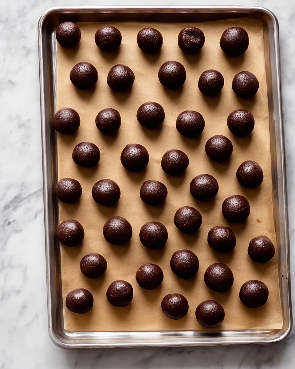 This image shows a metal baking tray lined with light brown parchment paper, filled with evenly spaced small round dark brown dough balls that look smooth and slightly shiny. The tray is placed on a white marbled surface. The dough balls are arranged in rows almost covering the tray, each ball similar in size and shape, with a rich chocolate color and firm texture. photo taken with an iphone --ar 4:5 --v 7