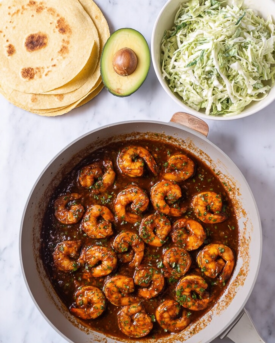 The image shows a large light gray pan filled with rows of cooked shrimp, each shrimp coated in a dark reddish-brown sauce with visible green herbs sprinkled on top, giving them a rich, glossy texture. To the upper right of the pan, a white bowl holds a creamy coleslaw mix of finely shredded green and white cabbage with flecks of herbs. Above the pan and bowl, a stack of five light yellow corn tortillas with some golden-brown spots sits next to a halved avocado showing its bright green flesh and a smooth brown seed at the center. All items rest on a white marble surface. Photo taken with an iphone --ar 4:5 --v 7
