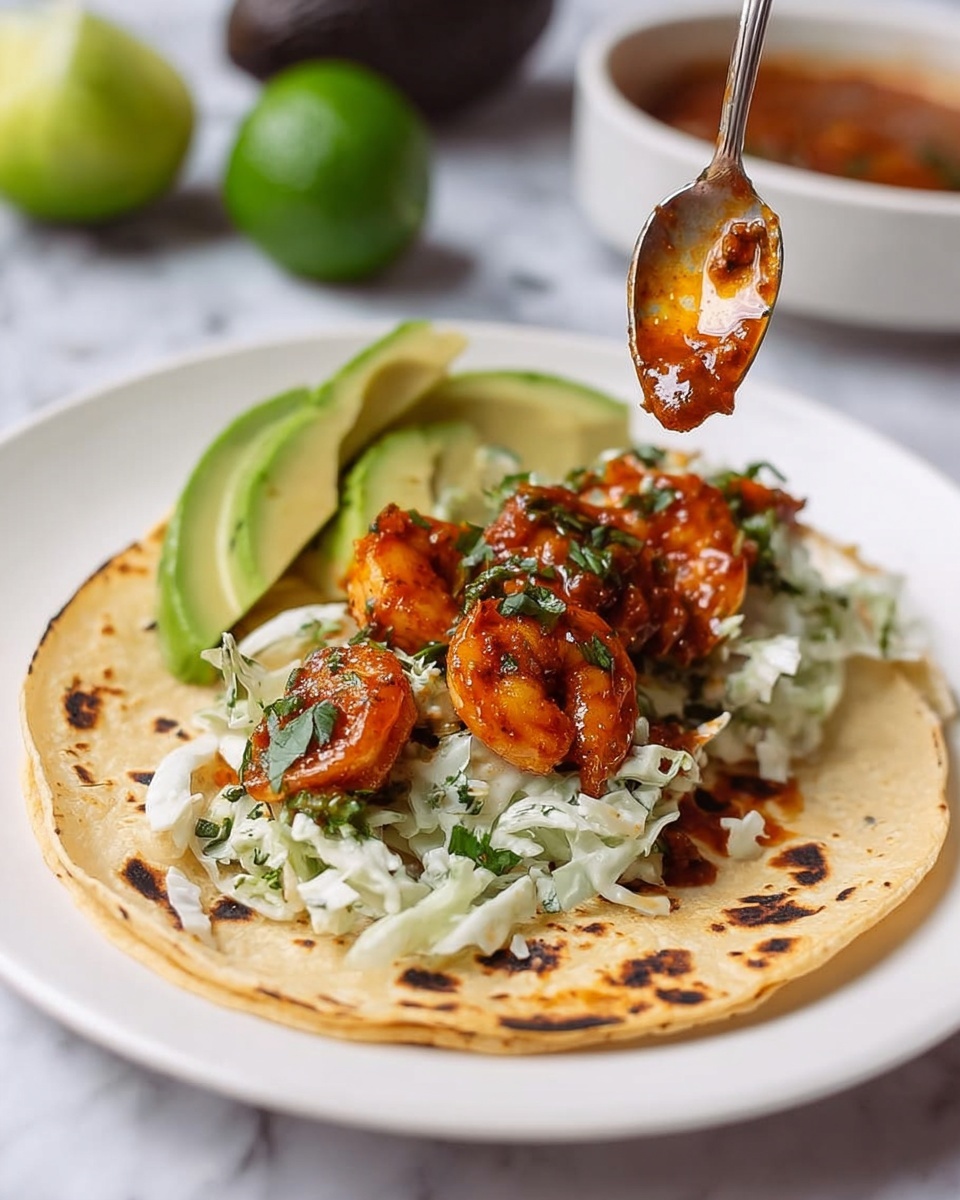 A white plate with a taco made of two light golden corn tortillas with some dark spots, folded partially open. Inside, there is a layer of white creamy slaw mixed with green herbs, topped with pieces of orange-brown cooked shrimp covered in a reddish-brown sauce with green flecks being spooned over it from above. On the side of the taco, there are fresh avocado slices and a green lime half. The background is a white marbled texture with a blurred half avocado and a white bowl visible. Photo taken with an iphone --ar 4:5 --v 7