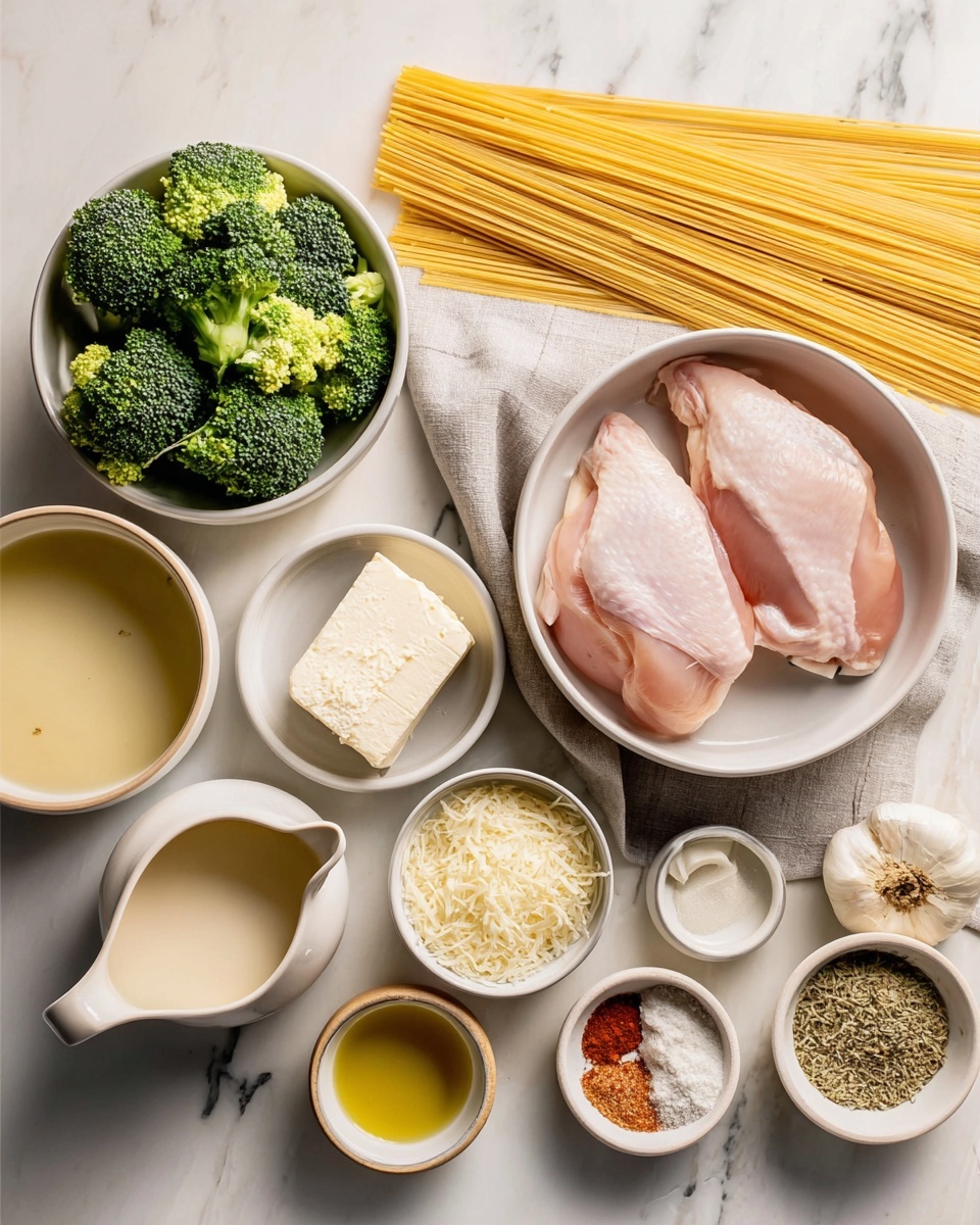 In the image, there are two raw chicken pieces placed in a white bowl at the center. Above the bowl is a smaller white bowl with a large block of creamy white cheese. To the left of the chicken is a bowl filled with green broccoli florets. Above and slightly behind the broccoli bowl lies a bundle of uncooked yellow spaghetti strands. Below the bowl of broccoli is a small white pitcher with a light beige liquid inside. In front of the chicken, there are several small bowls and plates arranged around a light gray cloth: a white bowl with grated Parmesan cheese, a white bowl with yellowish oil, a white bowl with golden broth, and three small white dishes holding chopped onion, chopped garlic, and white flour. There is also a light beige plate with various seasonings including red paprika, light brown garlic powder, dried herbs, and salt. The background is a white marbled surface. photo taken with an iphone --ar 4:5 --v 7
