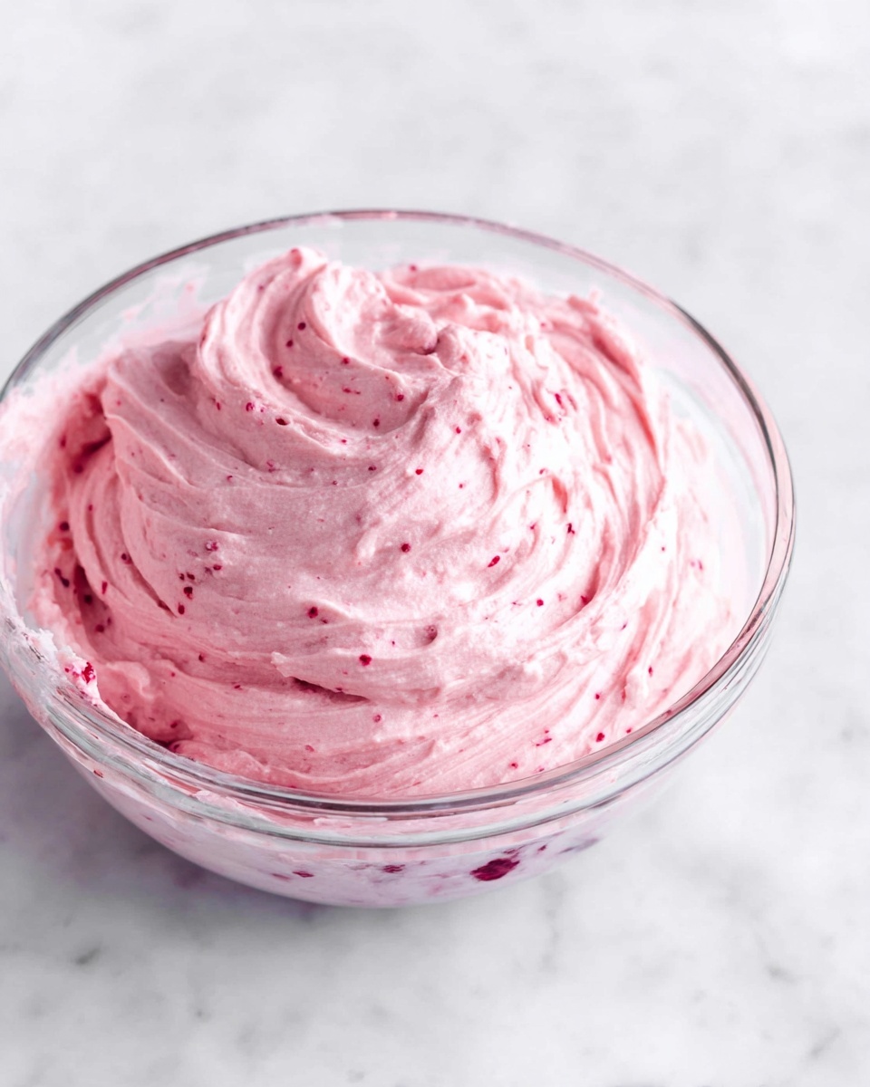 The image shows a clear glass bowl filled with a fluffy, light pink mixture that has visible small red specks scattered throughout, giving it a slightly textured look. The mixture appears creamy and swirled inside the bowl, with smooth and soft waves of pink color. The bowl sits on a white marbled surface with a clean and bright background, creating a fresh and simple setting. A small part of a red berry is visible below the bowl on the marble surface. photo taken with an iphone --ar 4:5 --v 7