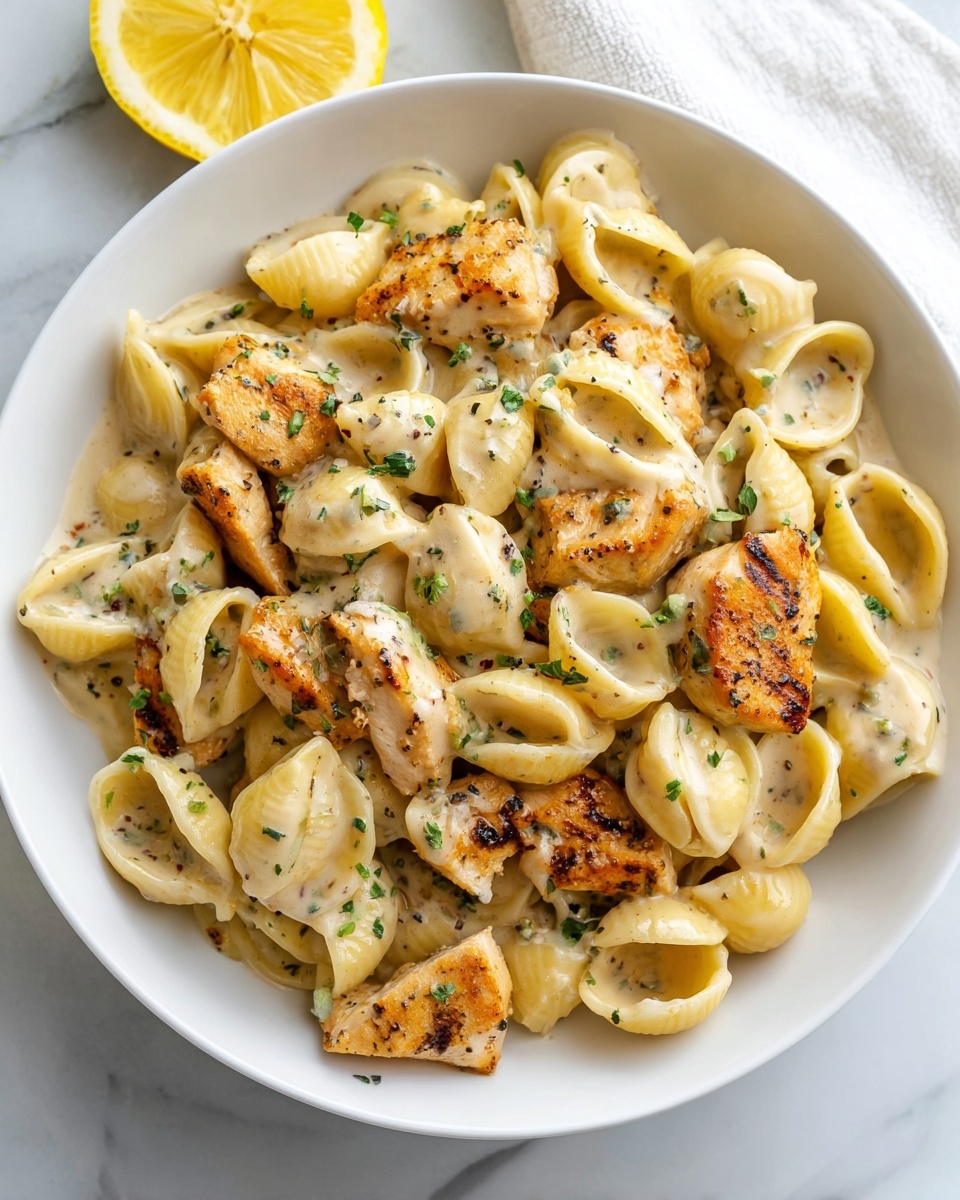 A white round plate holds a dish of shell-shaped pasta mixed with pieces of grilled chicken. The pasta is coated in a creamy, light beige sauce speckled with herbs and small black pepper bits. The grilled chicken pieces have a golden-brown, slightly crispy texture. Small green herb flakes are sprinkled over the entire dish. The plate is placed on a white marbled surface, with a lemon slice and a white cloth visible in the background. photo taken with an iphone --ar 4:5 --v 7