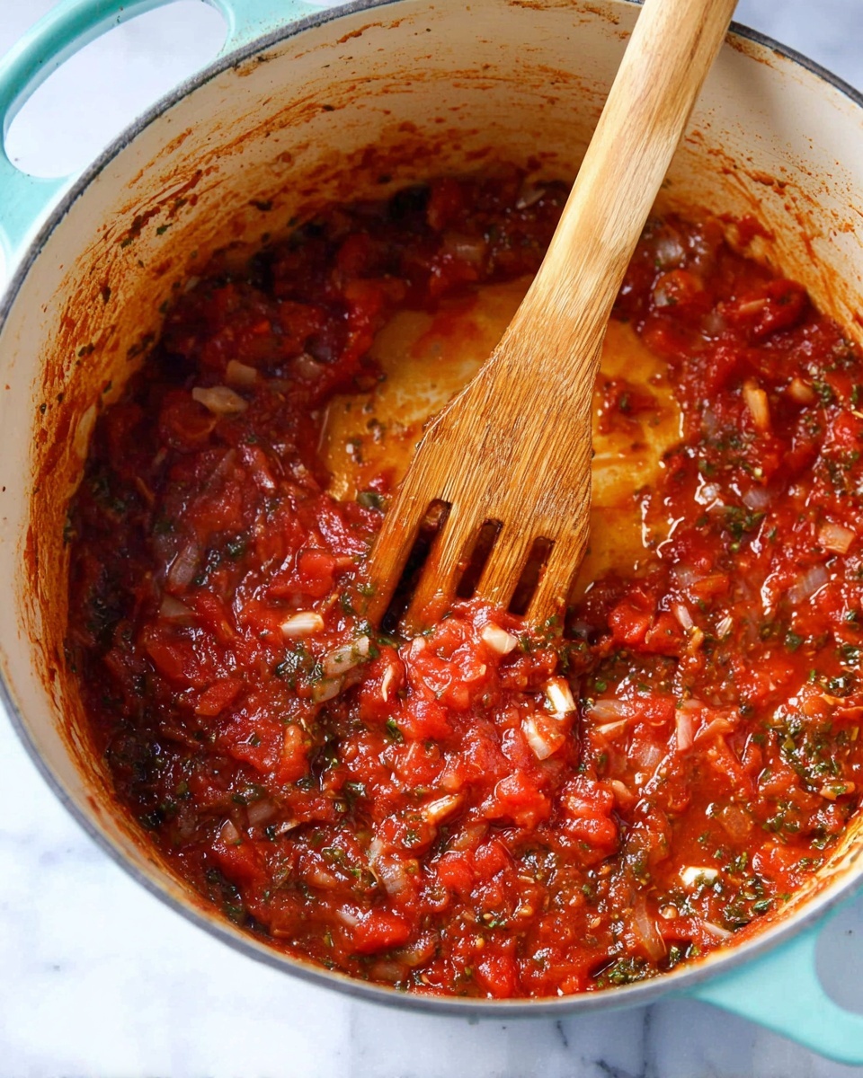 Inside a light blue pot with a white inside, there is a thick red tomato sauce with visible chunks of tomato, small white pieces of onion, and dark green herbs mixed throughout. A wooden slotted spoon is resting in the pot, partially covered by the sauce, showing the sauce’s textured and cooked appearance. The pot sits on a white marbled surface, and some of the sauce has splattered slightly on the inner edge of the pot. photo taken with an iphone --ar 4:5 --v 7