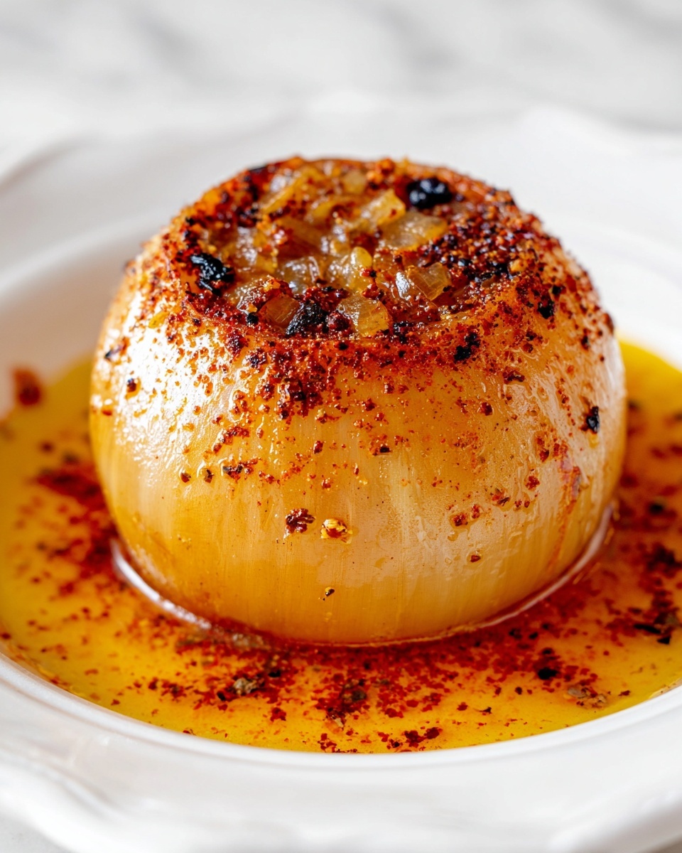 The image shows a whole cooked onion sitting in the center of a white plate with a white marbled texture background. The onion has a shiny, soft, light brown outer layer, with visible seasoning of dark red and black spices sprinkled all over its surface. The top of the onion is hollowed out, revealing some cooked filling inside. Surrounding the onion on the plate is a pool of deep orange oil mixed with the same spices, giving a rich and flavorful look. The texture looks tender and juicy, with the seasoning evenly spread. photo taken with an iphone --ar 4:5 --v 7