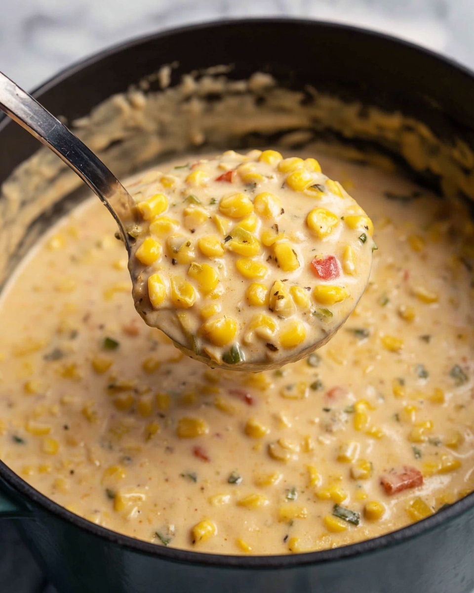 A close-up view of a thick creamy corn dish inside a dark pot, with a shiny metal spoon lifting a scoop. The dish has many bright yellow corn kernels mixed with small green and red vegetable pieces. The creamy sauce is light beige with smooth texture interspersed with visible bits of ingredients, covering all the kernels. The pot’s edge shows some sauce stains, hinting at a hearty, rich consistency. The background is a white marbled surface. Photo taken with an iphone --ar 4:5 --v 7