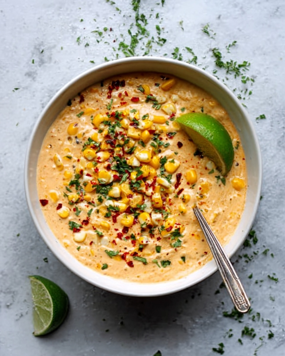 A white bowl filled with a creamy dip that has a smooth and thick texture, light orange and beige in color with bright yellow corn kernels sprinkled on top. There are small red chili pieces and finely chopped green herbs scattered over the dip. A single green lime wedge sits on one side of the bowl, and a silver spoon rests inside the bowl near the edge. The bowl is on a white marbled surface with some green herbs scattered around. photo taken with an iphone --ar 4:5 --v 7