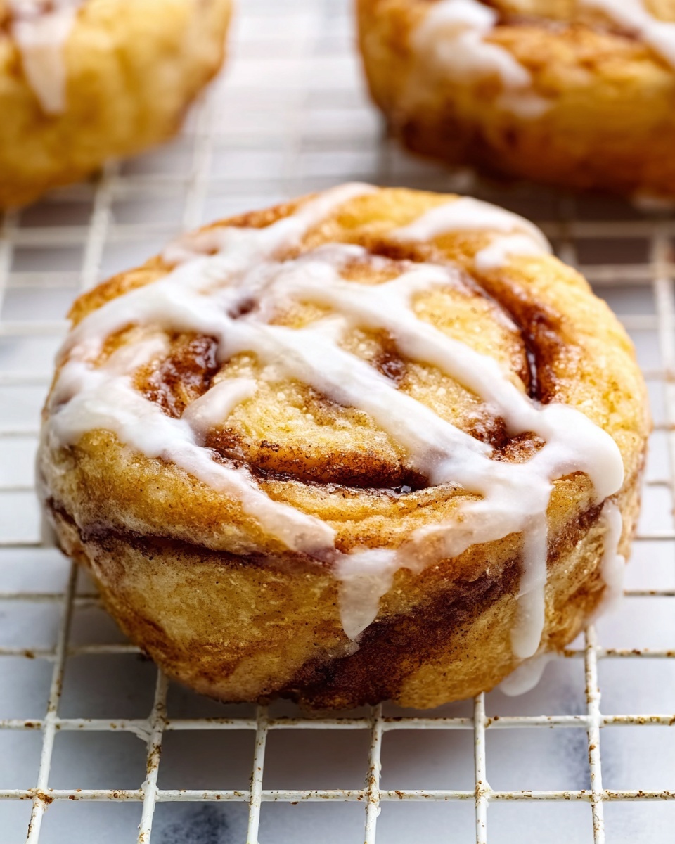 A stack of three cinnamon ring-shaped cookies sits on a white plate on a white marbled surface. Each cookie has a light golden-brown color with dark brown cinnamon swirls visible inside the ring. The cookies are topped with a thick white icing drizzled unevenly over the top, creating a glossy look. The middle cookie shows a bite taken out, revealing a soft inner texture. The light hits the cookies, highlighting their soft and crumbly surface with the contrast of smooth icing. Photo taken with an iphone --ar 4:5 --v 7