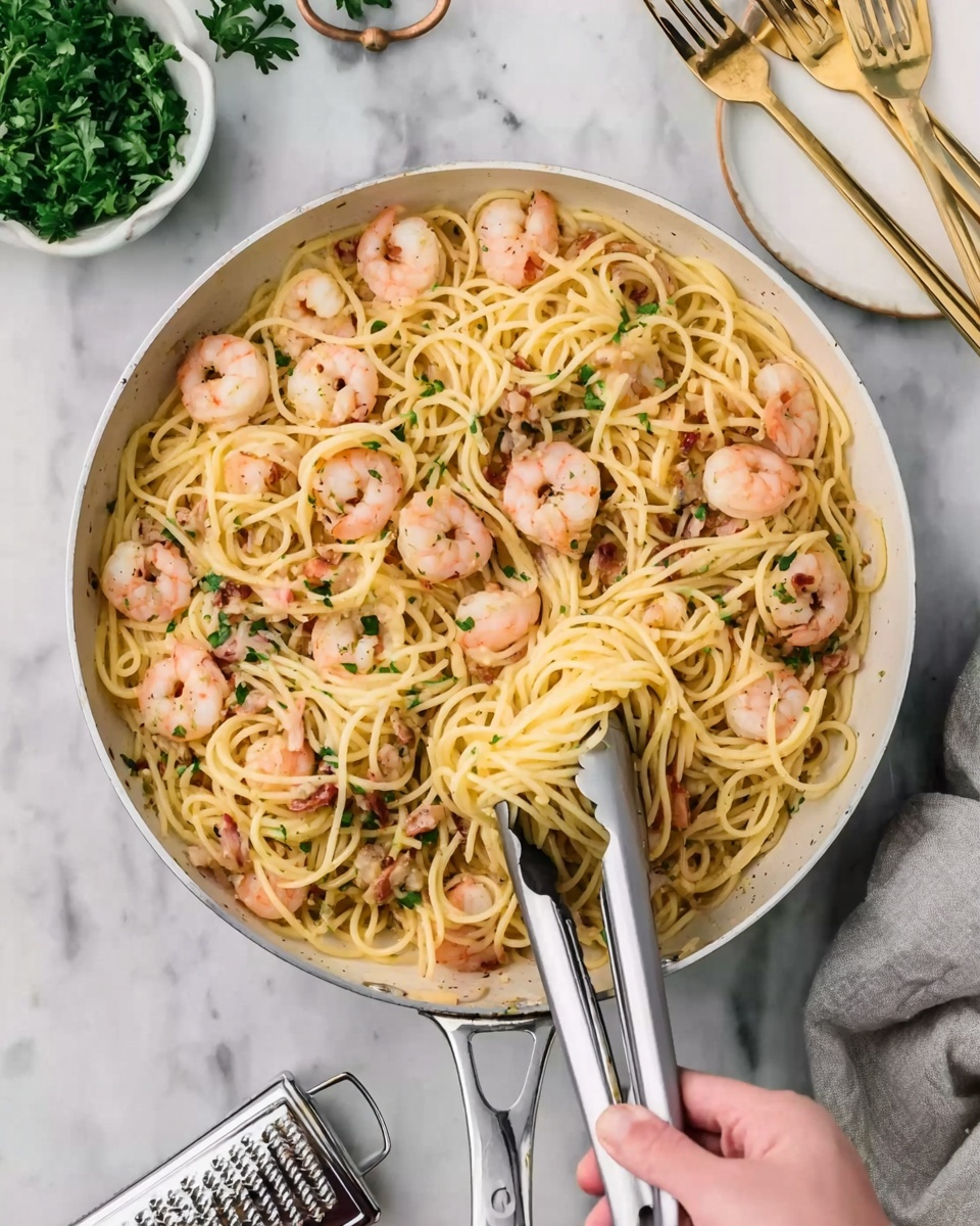 A white skillet filled with spaghetti pasta mixed with cooked shrimp and small pieces of chicken, all coated in a light sauce. The shrimp are pink and curled, scattered evenly over the yellowish pasta strands. Some finely chopped herbs are sprinkled through the dish, adding touches of green. A pair of metal tongs held by a woman's hand is lifting some pasta from the skillet. The skillet sits on a white marbled surface with fresh parsley in a small bowl on the left and gold forks placed on a white plate in the top right corner. Nearby, there is a small grater resting on the surface. Photo taken with an iphone --ar 4:5 --v 7
