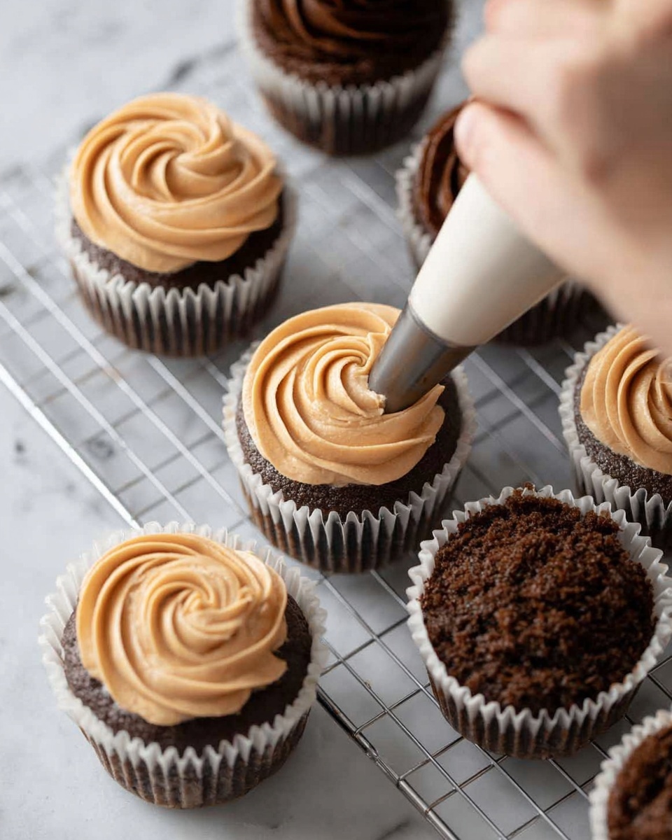 The image shows several dark brown cupcakes with a slightly rough texture, each wrapped in white paper liners, arranged on a cooling rack over a white marbled surface. A woman's hand is holding a piping bag filled with light brown frosting and is in the process of swirling the frosting onto a cupcake in the center. The frosting has a smooth, creamy texture and is piped in rose-shaped patterns with visible soft ridges. Some cupcakes already have this light brown frosting swirled on top, while others are still plain. The scene is bright and clear with a focus on the frosting action, giving a fresh, homemade bakery feel. photo taken with an iphone --ar 4:5 --v 7
