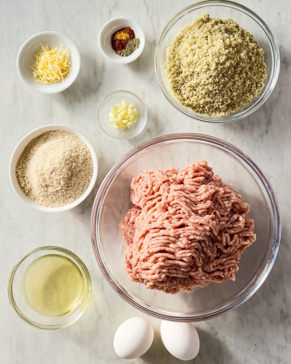 A clear glass bowl with two layers of raw ground meat, layered showing a pale pink color with a soft texture, sits at the top right. Surrounding the bowl on a white marbled surface are six smaller white bowls and glass bowls. There is a white bowl filled with fine light-colored breadcrumbs on the bottom left of the ground meat bowl. To the right of it, another glass bowl holds coarser, light greenish breadcrumbs. At the top left of the main bowl, a small white bowl contains a mix of colorful spices in yellow, red, and black tones. Below it, a tiny glass bowl holds minced light yellow garlic. To the lower right, a small glass bowl with clear cooking oil is beside two whole white eggs resting directly on the white marbled surface. The whole scene is bright and clear, with natural light, photo taken with an iphone --ar 4:5 --v 7