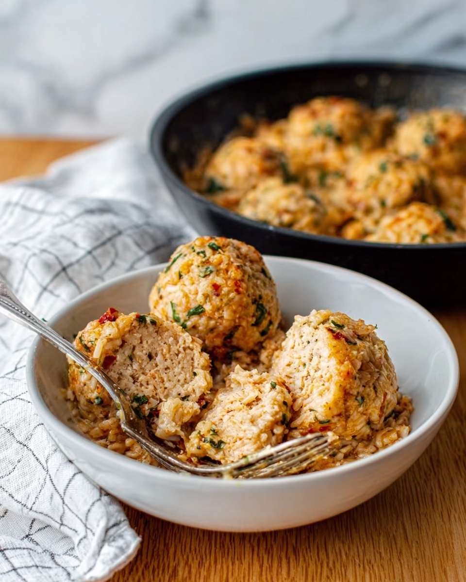 The image shows a white bowl filled with three large, round, creamy chicken and rice balls mixed with herbs and spices, sitting on a wooden table next to a black pan also filled with more of the same mixture. The rice balls have a soft texture with golden and green flecks from the herbs, and a silver fork is digging into one of them, revealing a moist inside. A white cloth with a checkered pattern is casually placed beside the bowl. The background is a white marbled surface. Photo taken with an iphone --ar 4:5 --v 7