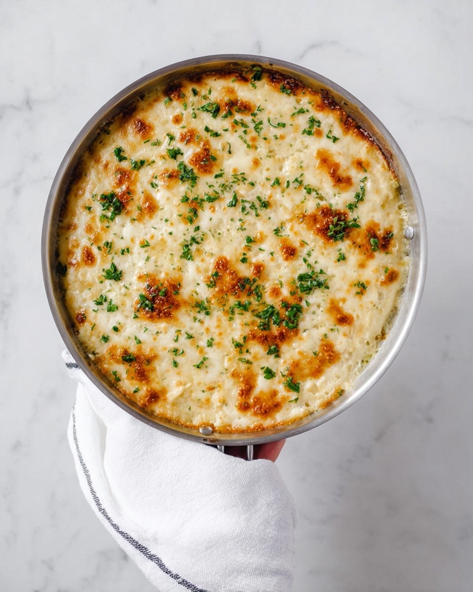 The image shows a round silver pan held by a woman's hand covered with a white cloth with thin black stripes. Inside the pan, there is a creamy baked dish with a golden toaster browned top layer covered unevenly with melted cheese. There are small patches of crispy browned spots across the surface, with chopped green herbs scattered on top for color contrast. The pan is set on a white marbled surface. photo taken with an iphone --ar 4:5 --v 7