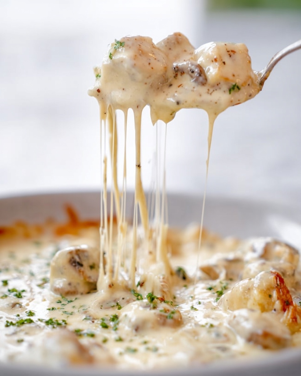 The image shows a close-up of a creamy white sauce covered dish with chunks of light beige and speckled mushroom pieces, lifted by a utensil with long strings of melted cheese stretching from the main portion below. The sauce looks smooth and thick, covering the ingredients fully, with some small green herb sprinkles on top. The dish sits on a white plate with a white marbled background, making the creamy texture and soft colors stand out clearly. Photo taken with an iphone --ar 4:5 --v 7