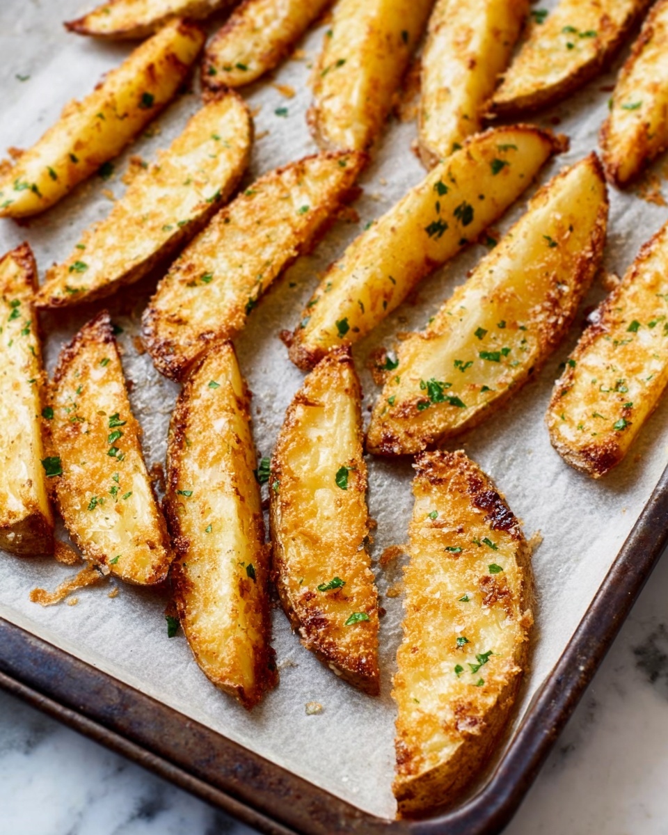 The image shows a baking tray lined with parchment paper on a white marbled surface. On the tray, there are two even rows of around ten golden brown potato wedges each, slightly overlapping and spread out evenly. The potato wedges have a crispy texture with a light layer of green herbs sprinkled on top, adding small green dots for contrast. The edges of the wedges have a slightly rough, crunchy appearance while the inner part is softer and lighter in color. The lighting highlights the warm, cooked tones and crispy texture of the wedges. Photo taken with an iphone --ar 4:5 --v 7