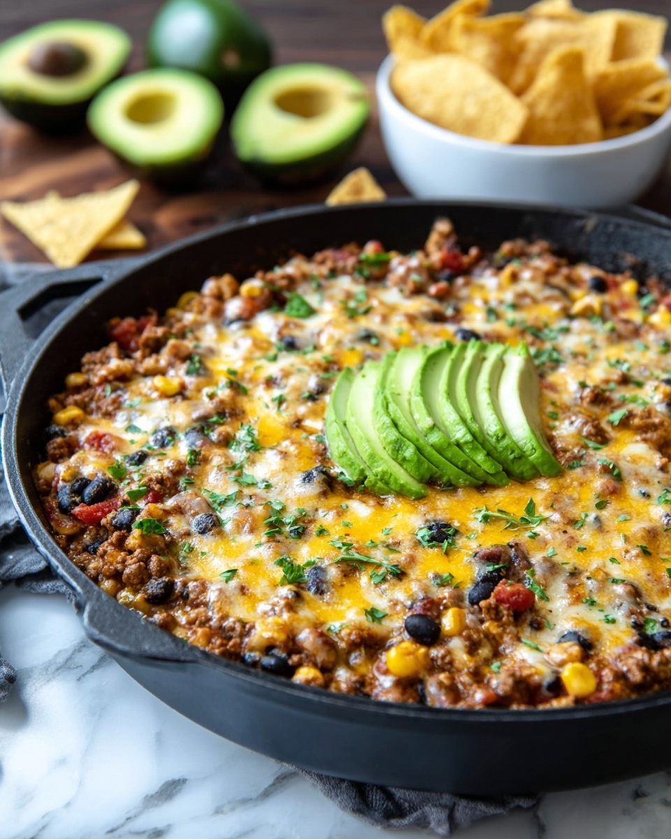 A black pan filled with three visible layers: the base layer is a mix of cooked ground meat and black beans with some corn and diced tomatoes, the middle layer is melted yellow and white cheese covering the meat and beans, and the top layer has finely chopped green herbs scattered across with a small fan of fresh avocado slices placed in the center. In the background, there are halved avocados and some tortilla chips in a white bowl, all on a white marbled surface. photo taken with an iphone --ar 4:5 --v 7