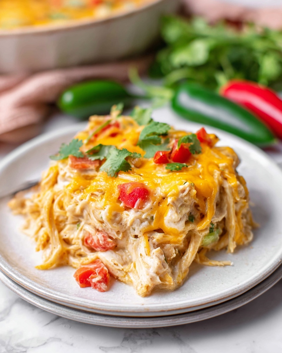 This image shows a white plate filled with a creamy pasta dish layered with light-colored spaghetti noodles mixed with chunks of light beige chicken. On top, there is a melted yellow cheese layer with some red bell pepper strips and small green herb pieces scattered over it. The plate sits on a white marbled surface, with blurred green chili peppers and a colorful cloth in the background. A woman's hand is holding the plate gently from the side photo taken with an iphone --ar 4:5 --v 7