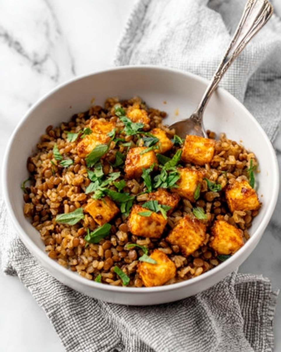 A white bowl filled with a cooked grain mix that looks like brown rice or lentils as the base layer, topped with golden-brown cubed pieces that have a slightly crispy texture. Bright green fresh herbs are sprinkled over the top, adding a pop of color. A silver spoon is standing upright inside the bowl, resting on the side. The bowl is placed on a white marbled surface with a white and gray textured cloth nearby. Photo taken with an iphone --ar 4:5 --v 7