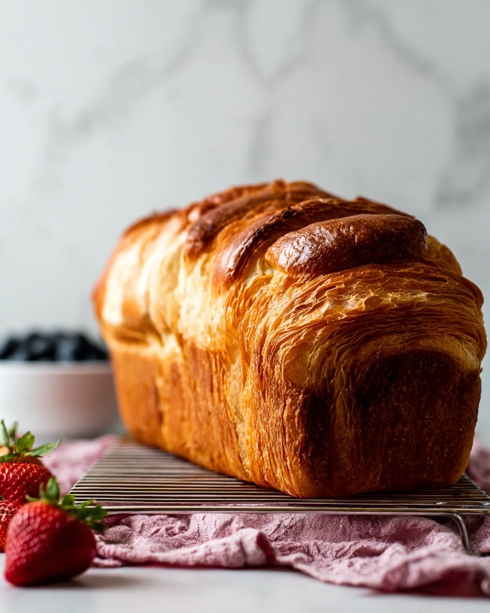 A close-up of a large loaf of layered bread with a golden brown crust and many thin, flaky layers clearly visible on the surface, resting on a metal cooling rack covered with a pink cloth underneath, with a few strawberries in the foreground and a white bowl filled with blueberries blurred in the background, all set against a white marbled texture background, photo taken with an iphone --ar 4:5 --v 7