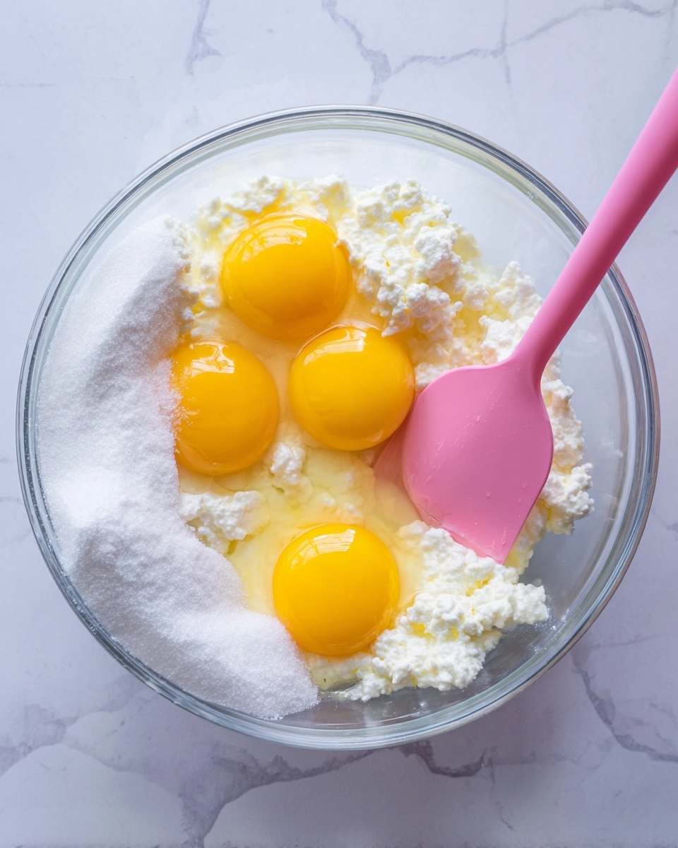 A clear glass bowl on a white marbled surface holds four bright yellow egg yolks sitting on top of white cottage cheese and a pile of white sugar on the left side. The ingredients form three main layers: the granular white sugar, the lumpy white cottage cheese filling most of the bowl, and the smooth shiny egg yolks centrally placed. A pink silicone spatula rests inside the bowl on the right side, slightly touching the cottage cheese layer. The photo was taken with an iphone --ar 4:5 --v 7