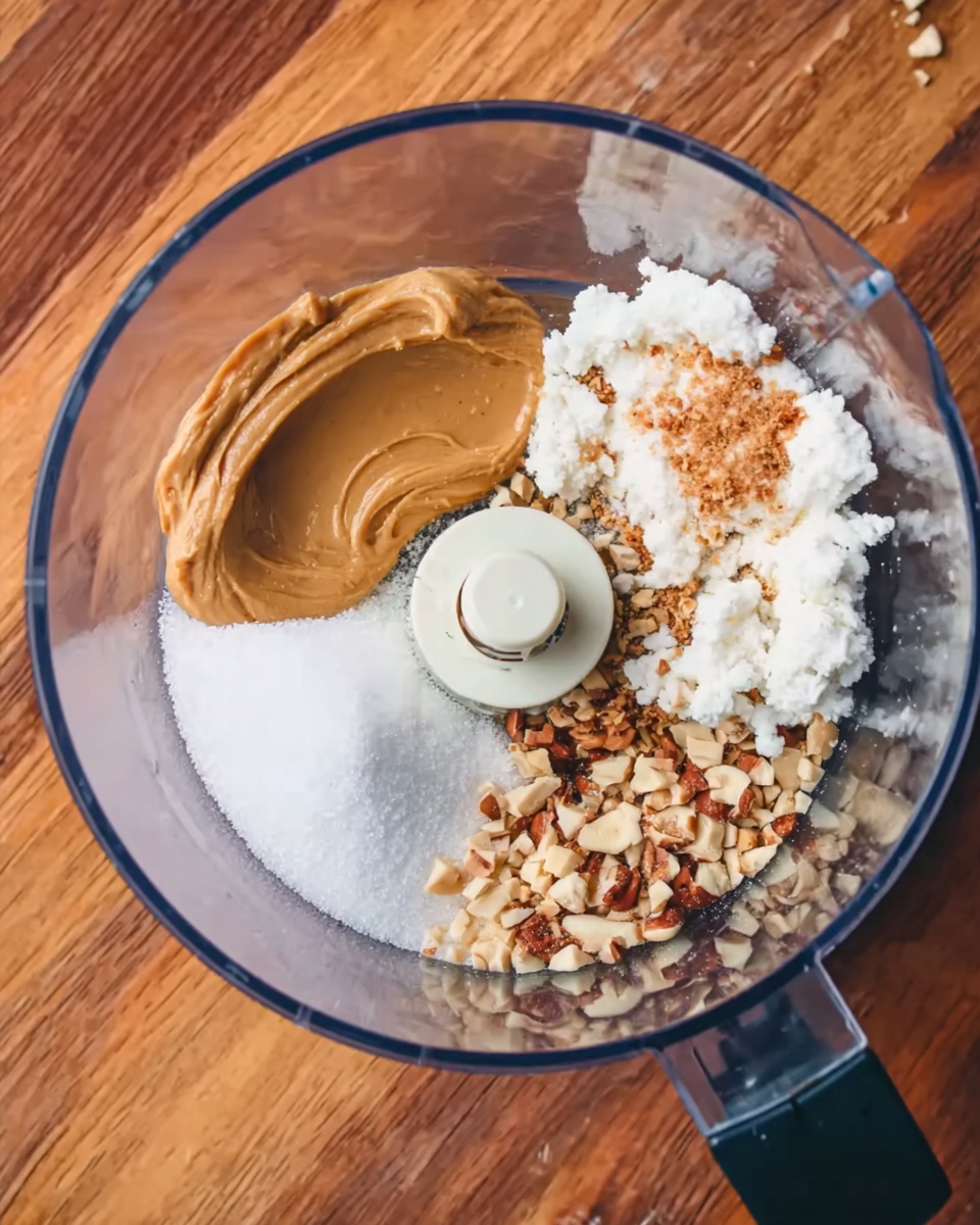 The image shows a top view of a clear food processor bowl placed on a natural wood surface. Inside the bowl, there are four ingredients grouped separately: a thick light brown spread on the left bottom side, a white crumbly mixture on the right top side, some chopped nuts sprinkled over the white mixture, and a heap of white granulated sugar positioned near the bottom left. The clear bowl allows seeing all the textures and colors of the ingredients clearly. Photo taken with an iphone --ar 4:5 --v 7