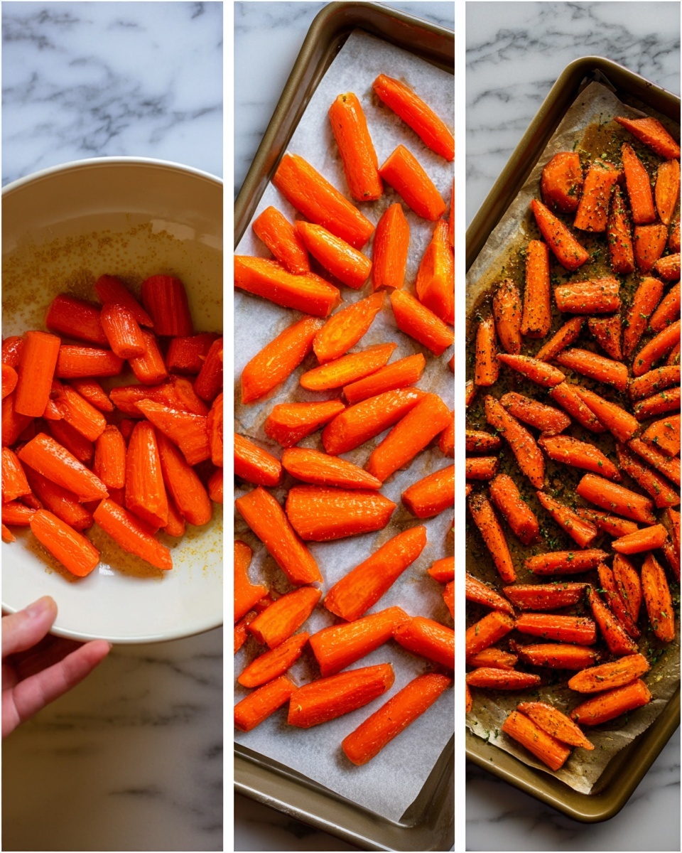 The image shows three stages of prepared carrots. On the left, bright orange carrot pieces are in a white bowl, shiny with seasoning and a woman's hand holding the bowl. In the middle, carrot pieces are spread out on a baking tray lined with parchment paper over a white marbled surface; the carrots look evenly spaced and bright orange. On the right, the carrot pieces on the same baking tray are darker with some brown roasted edges, showing a crispy texture and sprinkled lightly with herbs, all on the same white marbled surface. photo taken with an iphone --ar 4:5 --v 7