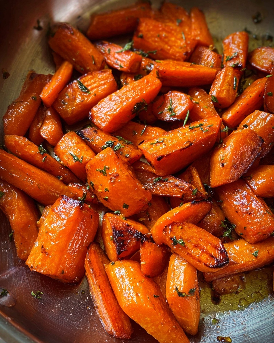A close-up view of bright orange roasted carrot pieces filling a silver pan. The carrots are cut into thick and thin chunks with some light charring and a glossy surface showing they are well glazed. Small green herb bits are scattered over the carrots, adding a touch of color contrast. The pan's metallic texture shines softly around the vegetables. photo taken with an iphone --ar 4:5 --v 7