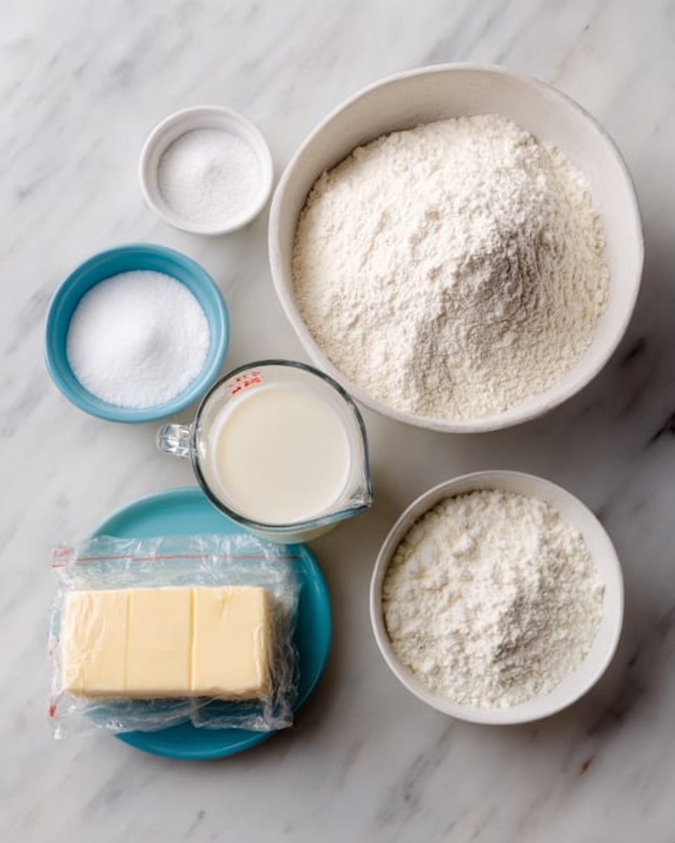 The image shows six bowls and a measuring cup with ingredients on a white marbled surface. In the center is a white bowl full of white flour. To the left is a small white bowl with salt and another small white bowl with sugar below it. On the bottom right side is a white bowl with white powder, likely baking powder, and a wrapped block of pale yellow butter. On the top right, there is a clear measuring cup filled with white milk. All items are placed neatly and clearly visible. Photo taken with an iphone --ar 4:5 --v 7