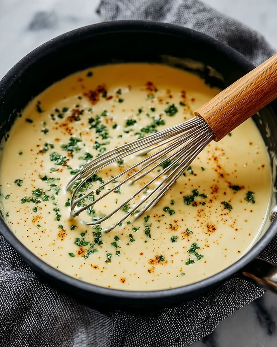 A close-up view of a black pan filled with light yellow creamy sauce, mixed with a wooden whisk. The sauce has small brown spots on its surface and is sprinkled with finely chopped green herbs, giving a fresh texture on top. The pan is placed on a textured gray cloth over a white marbled surface. Photo taken with an iphone --ar 4:5 --v 7