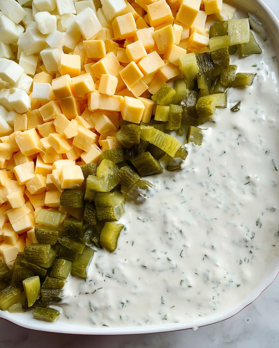 This image shows three layers of ingredients in a dish placed on a white marbled surface. On the left side, there are small, evenly cut cubes of yellow and white cheese, with a smooth and firm texture. Below the cheese, at the bottom right, are small diced pieces of green pickles, which look wet and glossy. Covering the right side and some of the middle, there is a thick layer of creamy white sauce with visible small green herb specks all over it, giving it a textured look. The layering is clear and neat. Photo taken with an iphone --ar 4:5 --v 7