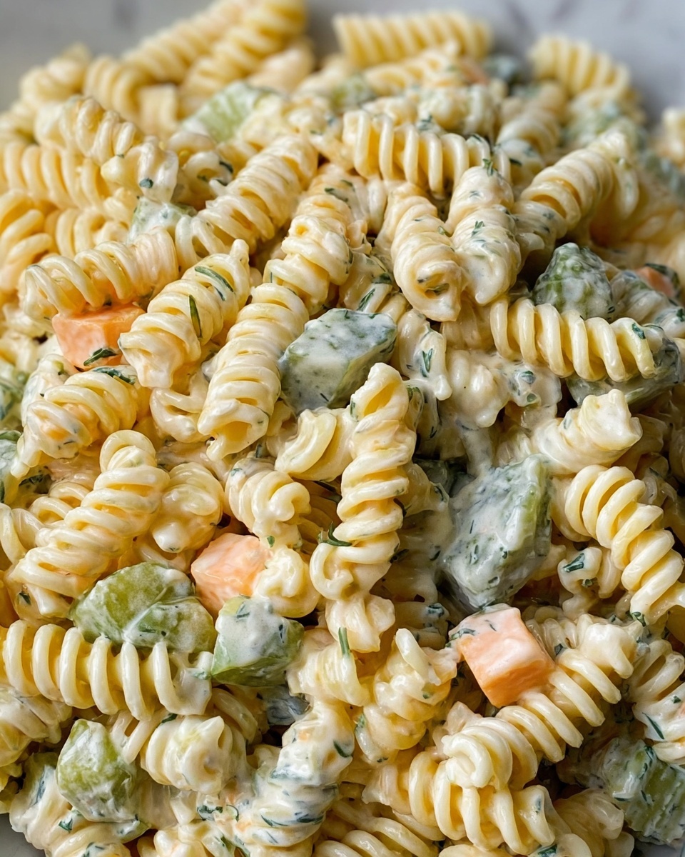 The image shows a close-up of a creamy pasta salad with tightly coiled rotini pasta in a light yellow color, mixed evenly with small cubes of light orange cheese and pieces of green pickles with white creamy dressing speckled with herbs. The textures are soft and smooth, with the dressing coating the pasta and other ingredients. The background is a white marbled texture. photo taken with an iphone --ar 4:5 --v 7