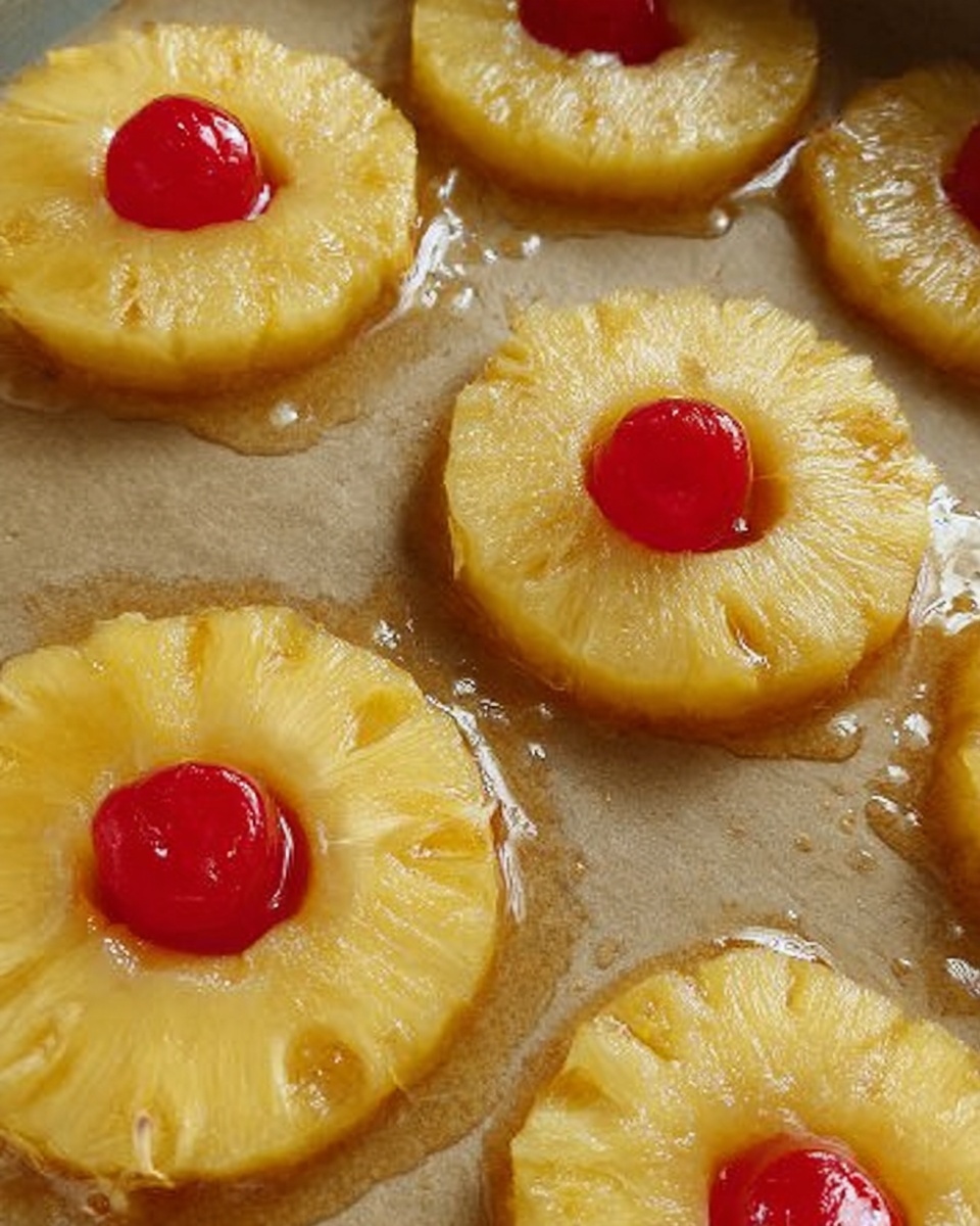 The image shows several round slices of pineapple arranged on a brown parchment paper. Each pineapple slice has a bright red cherry placed neatly in the center. The pineapple rings have a glossy and wet texture, reflecting light on their golden-yellow surface. The setting looks like a baking tray preparation stage with the slightly uneven syrup or juice spread around the edges of the fruit. The close-up view highlights the fresh, juicy quality of the pineapple and cherries. The background has been changed to a white marbled texture. photo taken with an iphone --ar 4:5 --v 7