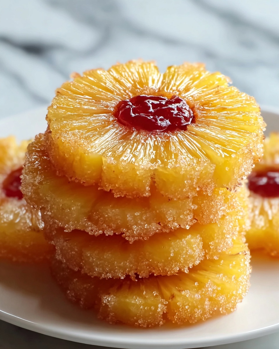 A stack of four round pineapple slices with a bright yellow color and glistening texture, each slice showing distinct pineapple ridges and a slightly caramelized edge coated with sugar crystals that sparkle under the light. In the center of each slice, there is a small pool of red jam that adds a glossy, smooth contrast to the rougher pineapple surface. The pineapple slices are neatly piled on a white plate, and the whole scene sits on a white marbled surface, creating a clean and fresh look. Photo taken with an iphone --ar 4:5 --v 7