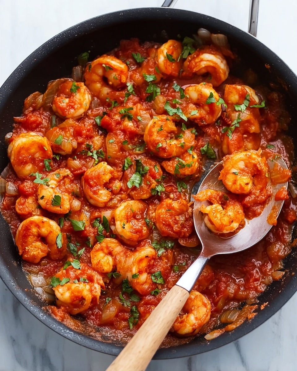 The image shows a black pan filled with cooked shrimp in a thick red tomato sauce mixed with sliced onions. The shrimp are plump and orange, evenly spread throughout the sauce, which has a rich, slightly chunky texture. Small green herb leaves are sprinkled on top for color contrast. There is a metal spoon with a wooden handle resting in the pan, partly submerged in the sauce. The pan sits on a white marbled surface. Photo taken with an iphone --ar 4:5 --v 7