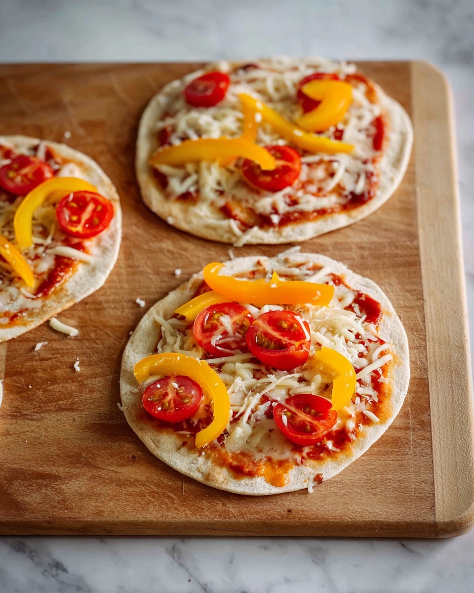 The image shows three small pizzas on a wooden cutting board placed on a white marbled surface. Each pizza has three visible layers: a thin, light beige dough base with slightly uneven edges, a layer of red tomato sauce spread unevenly, and grated white cheese scattered on top. The pizzas are decorated with bright yellow bell pepper slices and halved red cherry tomatoes with visible seeds, arranged randomly. The lighting is soft, highlighting the freshness of the ingredients. photo taken with an iphone --ar 4:5 --v 7